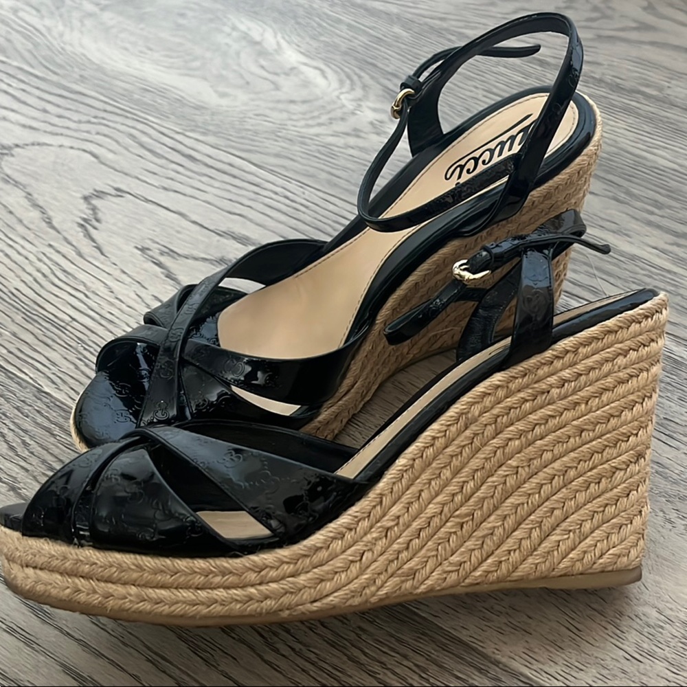 Gucci Microguccissima Black Patent logo Leather Espadrille Wedges - Picture 3 of 7